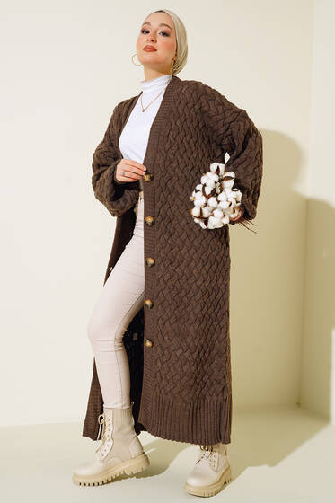 Boydan Düğmeli Sepet Örgü Uzun Hırka Kestane - Hırka