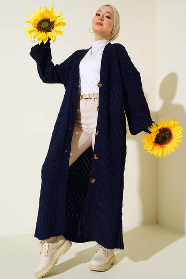 Boydan Düğmeli Sepet Örgü Uzun Hırka Lacivert - Hırka