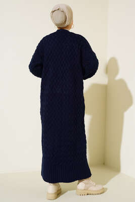 Boydan Düğmeli Sepet Örgü Uzun Hırka Lacivert - Triko Hırka