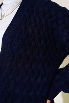 Boydan Düğmeli Sepet Örgü Uzun Hırka Lacivert - Triko Hırka