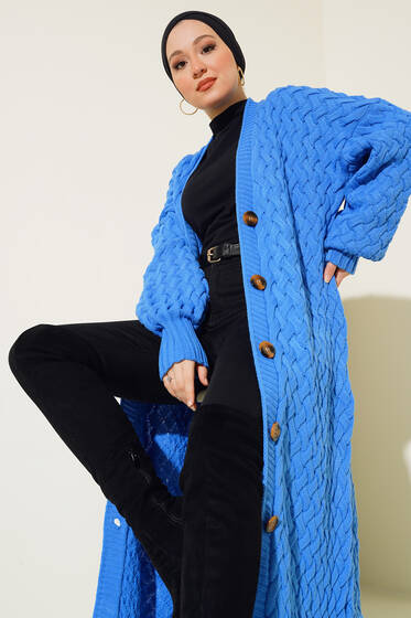 Boydan Düğmeli Sepet Örgü Uzun Hırka Mavi - Hırka