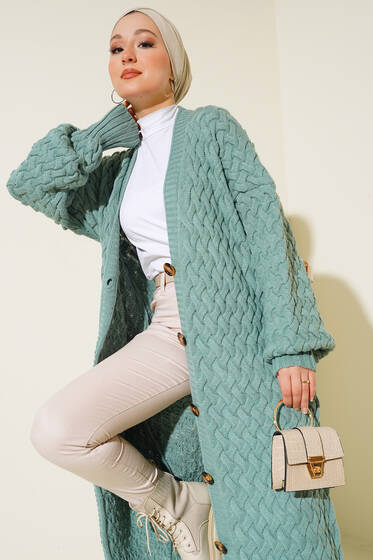 Boydan Düğmeli Sepet Örgü Uzun Hırka Mint - Hırka