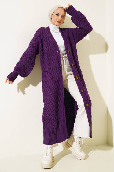 Boydan Düğmeli Sepet Örgü Uzun Hırka Mor - Hırka