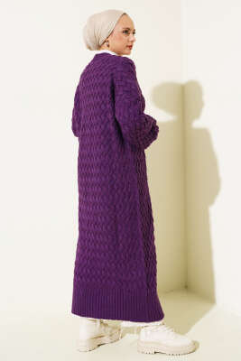 Boydan Düğmeli Sepet Örgü Uzun Hırka Mor - Triko Hırka