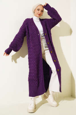 Boydan Düğmeli Sepet Örgü Uzun Hırka Mor 