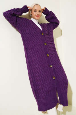 Boydan Düğmeli Sepet Örgü Uzun Hırka Mor - Triko Hırka