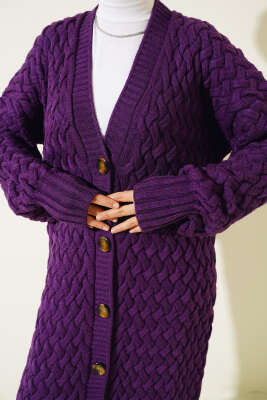 Boydan Düğmeli Sepet Örgü Uzun Hırka Mor - Triko Hırka