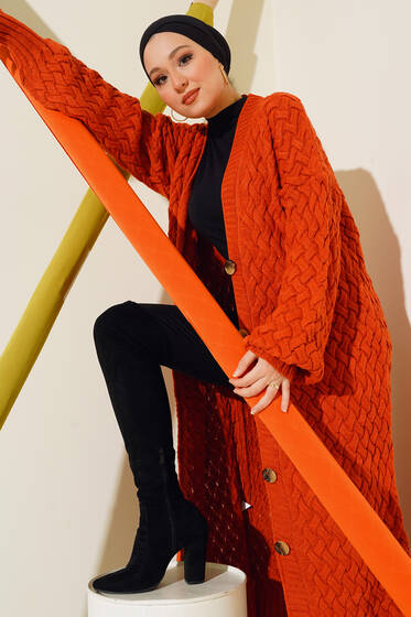 Boydan Düğmeli Sepet Örgü Uzun Hırka Nar Çiçeği - Hırka