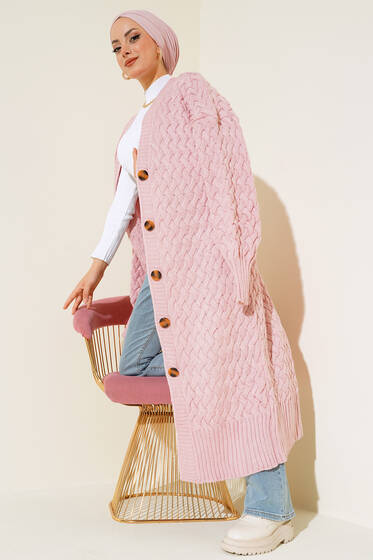 Boydan Düğmeli Sepet Örgü Uzun Hırka Pudra - Triko Hırka