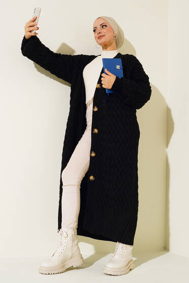 Boydan Düğmeli Sepet Örgü Uzun Hırka Siyah - Triko Hırka