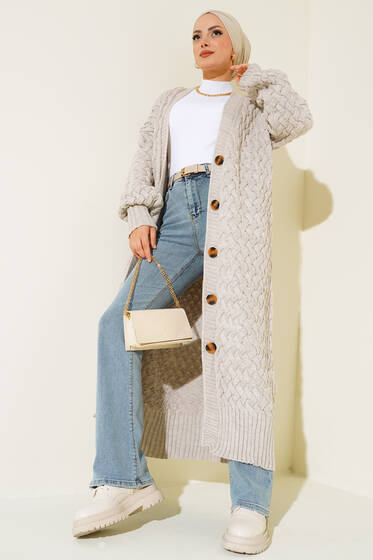 Boydan Düğmeli Sepet Örgü Uzun Hırka Taş - Hırka