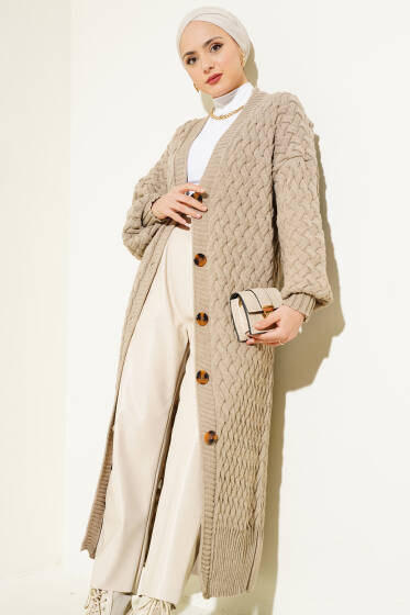 Boydan Düğmeli Sepet Örgü Uzun Hırka Toprak - Hırka