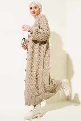 Boydan Düğmeli Sepet Örgü Uzun Hırka Toprak - Triko Hırka