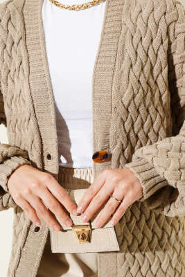 Boydan Düğmeli Sepet Örgü Uzun Hırka Toprak - Triko Hırka