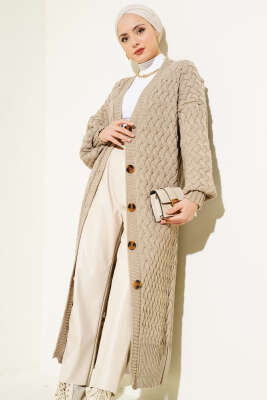 Boydan Düğmeli Sepet Örgü Uzun Hırka Toprak 