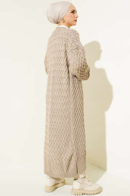 Boydan Düğmeli Sepet Örgü Uzun Hırka Toprak - Triko Hırka