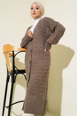 Boydan Düğmeli Sepet Örgü Uzun Hırka Vizon - Triko Hırka