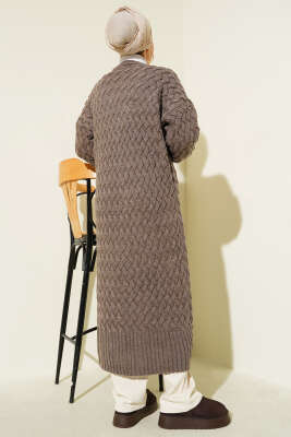 Boydan Düğmeli Sepet Örgü Uzun Hırka Vizon - Triko Hırka