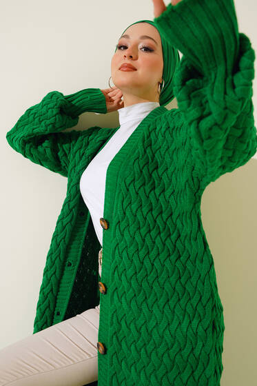 Boydan Düğmeli Sepet Örgü Uzun Hırka Yeşil - Hırka