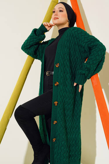 Boydan Düğmeli Sepet Örgü Uzun Hırka Zümrüt Yeşili - Hırka