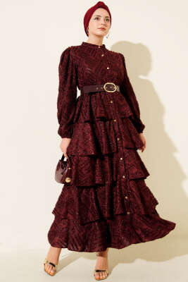 Boydan Düğmeli Simli Kat Abiye Elbise Bordo - NK BY KORKUT
