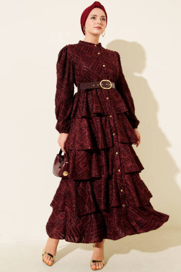 Boydan Düğmeli Simli Kat Abiye Elbise Bordo - Elbise