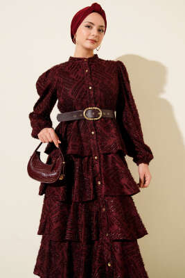 Boydan Düğmeli Simli Kat Abiye Elbise Bordo - Elbise