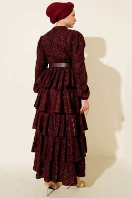Boydan Düğmeli Simli Kat Abiye Elbise Bordo - Elbise