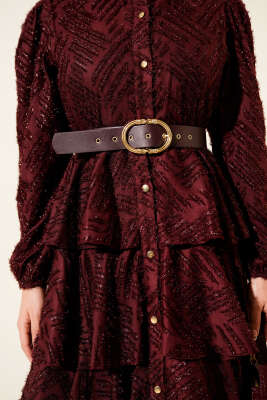 Boydan Düğmeli Simli Kat Abiye Elbise Bordo - Elbise