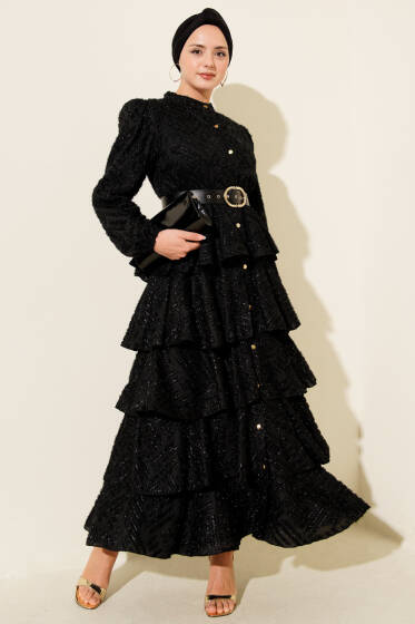 Boydan Düğmeli Simli Kat Abiye Elbise Siyah - Elbise