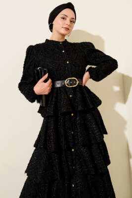 Boydan Düğmeli Simli Kat Abiye Elbise Siyah - Elbise