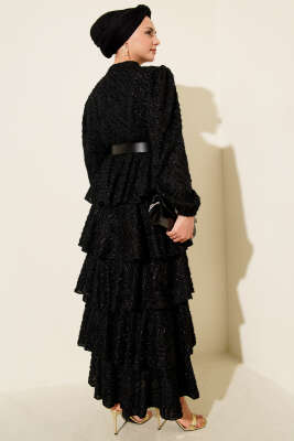 Boydan Düğmeli Simli Kat Abiye Elbise Siyah - Elbise