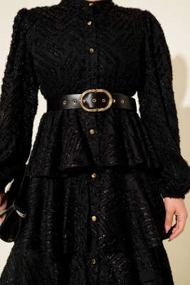 Boydan Düğmeli Simli Kat Abiye Elbise Siyah - Elbise