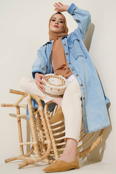 Boydan Düğmeli Tek Cepli Uzun Tunik Kot Mavisi - Tunik