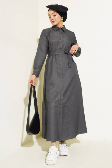 Boydan Düğmeli Tencel Kot Elbise Füme - Elbise