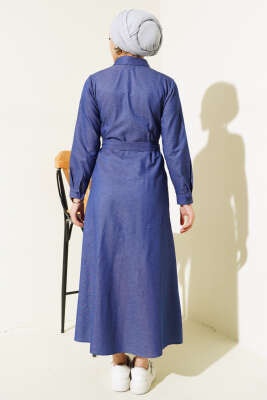 Boydan Düğmeli Tencel Kot Elbise İndigo - Tesettür Elbise