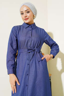 Boydan Düğmeli Tencel Kot Elbise İndigo - Tesettür Elbise