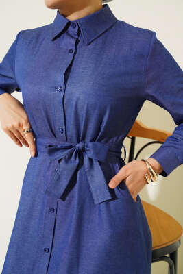 Boydan Düğmeli Tencel Kot Elbise İndigo - Tesettür Elbise