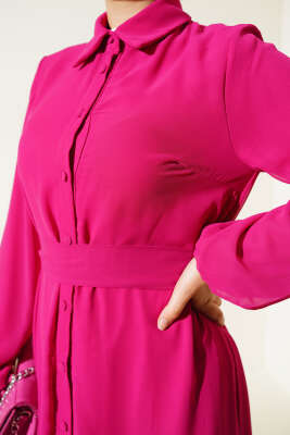 Boydan Düğmeli Tül Elbise Fuşya - Tesettür Elbise