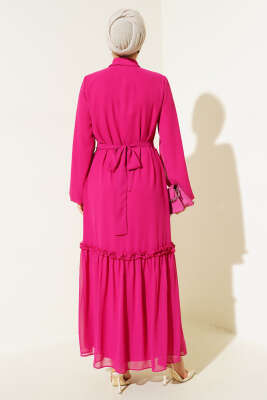 Boydan Düğmeli Tül Elbise Fuşya - Tesettür Elbise