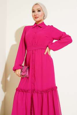 Boydan Düğmeli Tül Elbise Fuşya - Tesettür Elbise