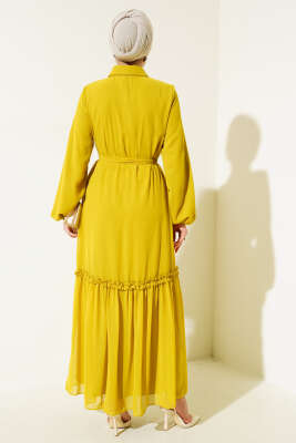 Boydan Düğmeli Tül Elbise Yağ Yeşili - Tesettür Elbise