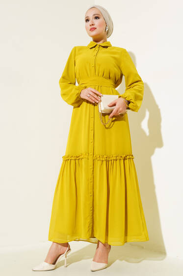 Boydan Düğmeli Tül Elbise Yağ Yeşili - Tesettür Elbise