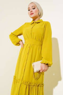 Boydan Düğmeli Tül Elbise Yağ Yeşili - Tesettür Elbise