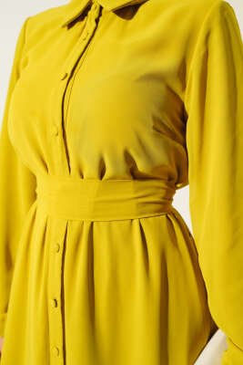 Boydan Düğmeli Tül Elbise Yağ Yeşili - Tesettür Elbise