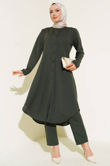 Boydan Düğmeli Tunik İkili Takım Haki - İkili Takım