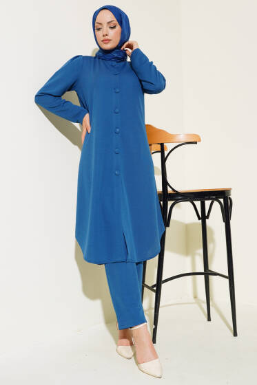 Boydan Düğmeli Tunik İkili Takım İndigo - İkili Takım