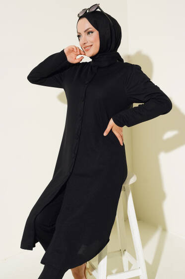 Boydan Düğmeli Tunik İkili Takım Siyah - İkili Takım