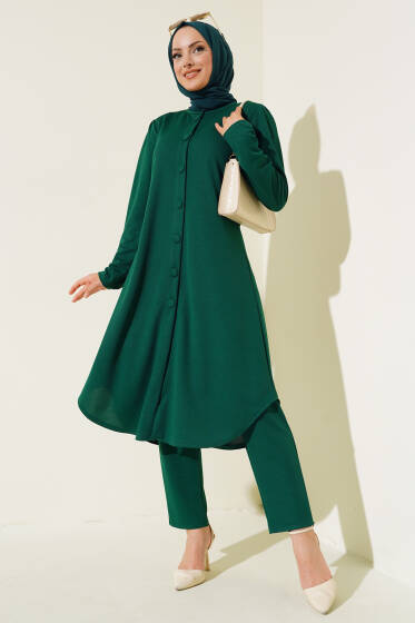 Boydan Düğmeli Tunik İkili Takım Zümrüt - İkili Takım