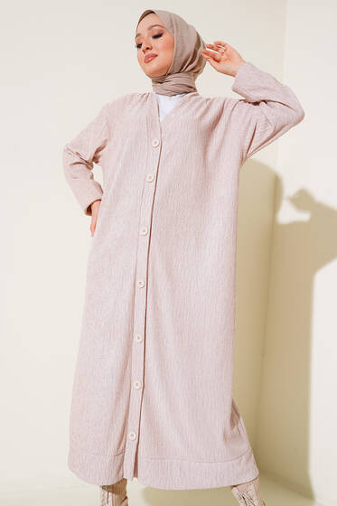 Boydan Düğmeli Uzun Hırka Bej - Hırka